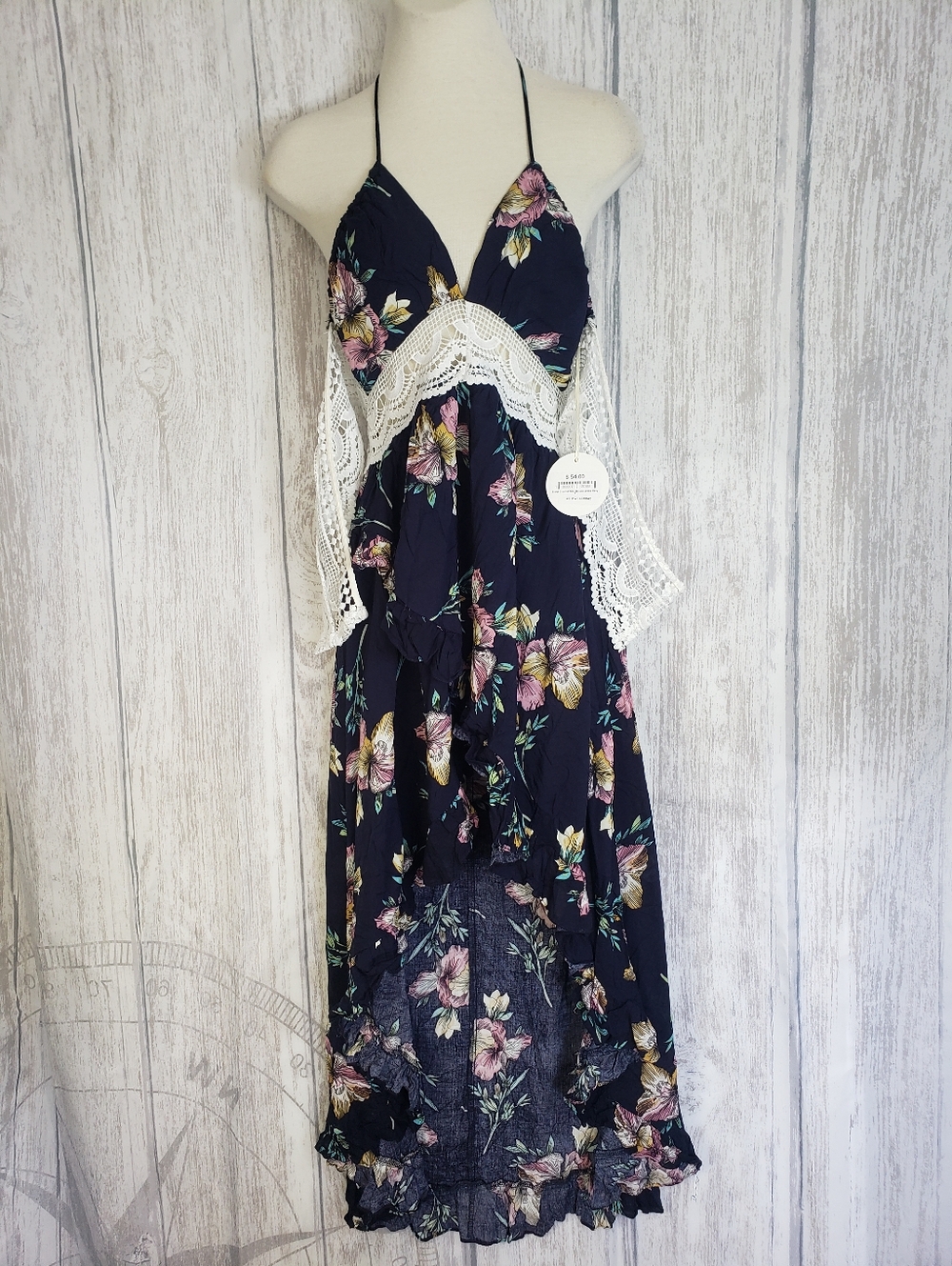 LUXXEL Navy Floral Crochet Trim Hi-Low Halter Maxi Dress Summer Small NEW!